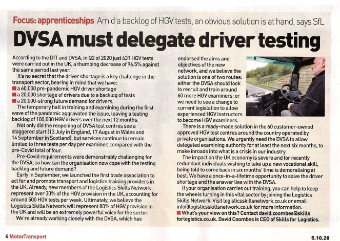 logistics skills network DVSA must delegate driver testing